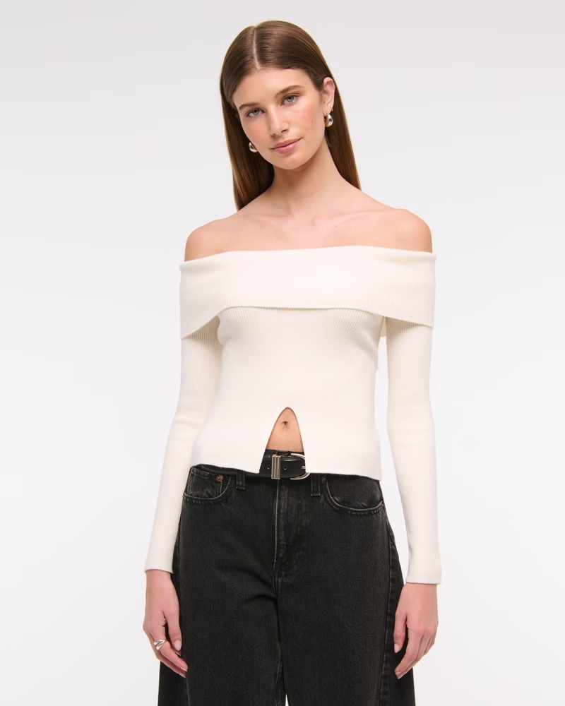 Ribbed Off-The-Shoulder Cutaway Sweater 34 Ribbed Off-The-Shoulder Cutaway Sweater